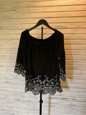 White House Black Market Black Off-Shoulder Top with White Embroidery